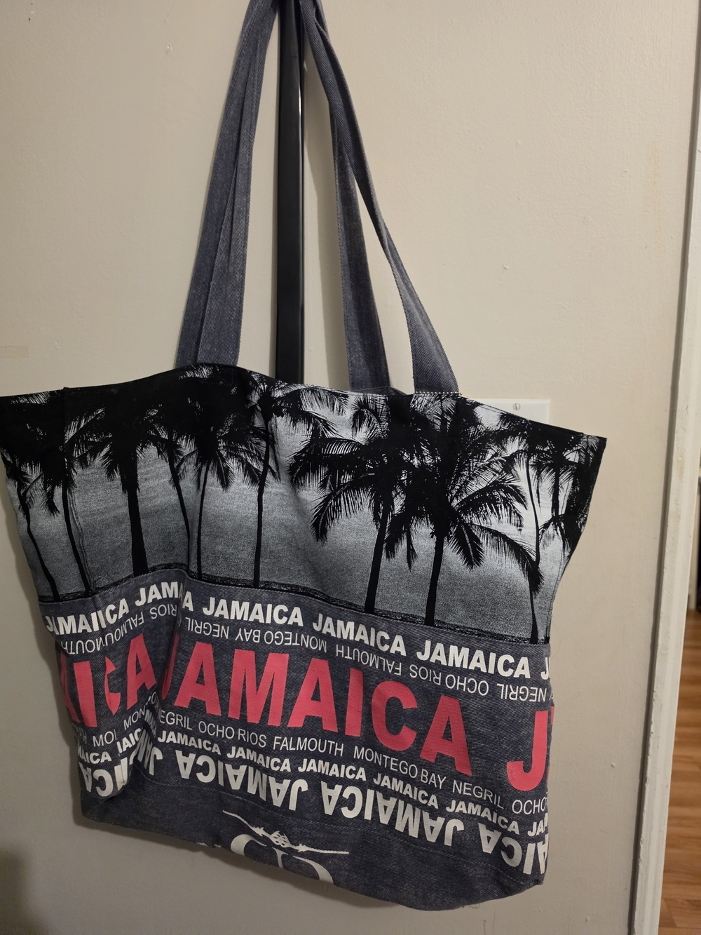 Jamaica Palm Print Canvas Tote Bag - Black & Gray with Red Accent